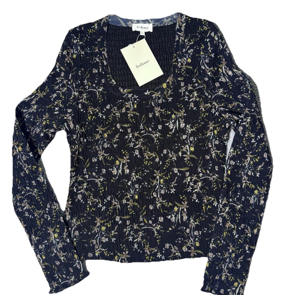 New Bohme Jessica Round Neck Smocked Black Floral Blouse Top XL Boho NWT